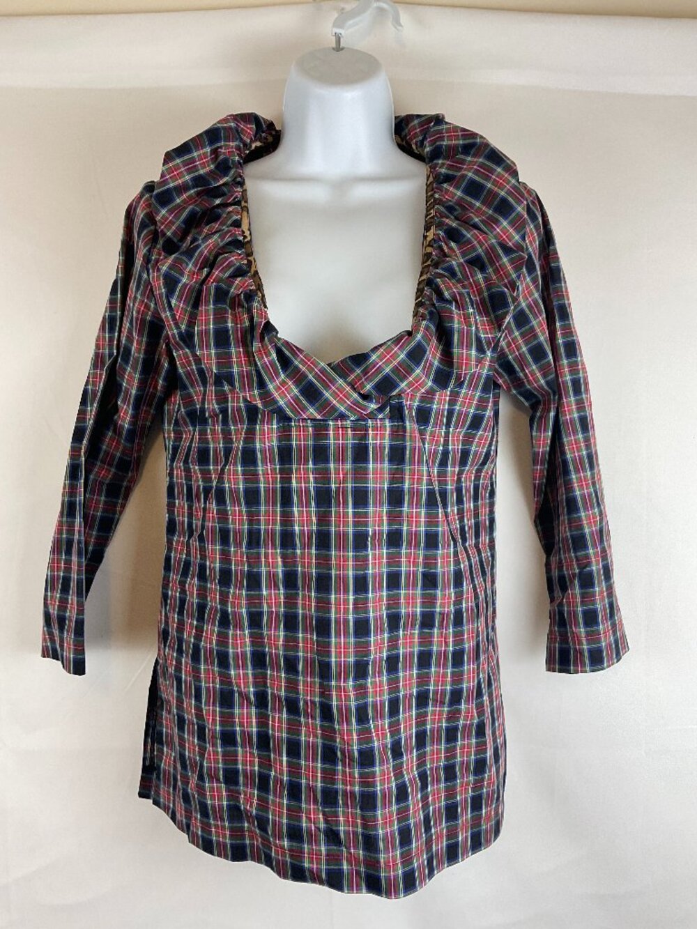 Devon Baer Blouse XS Navy Blue Red Green White Plaid Ruffle Collar